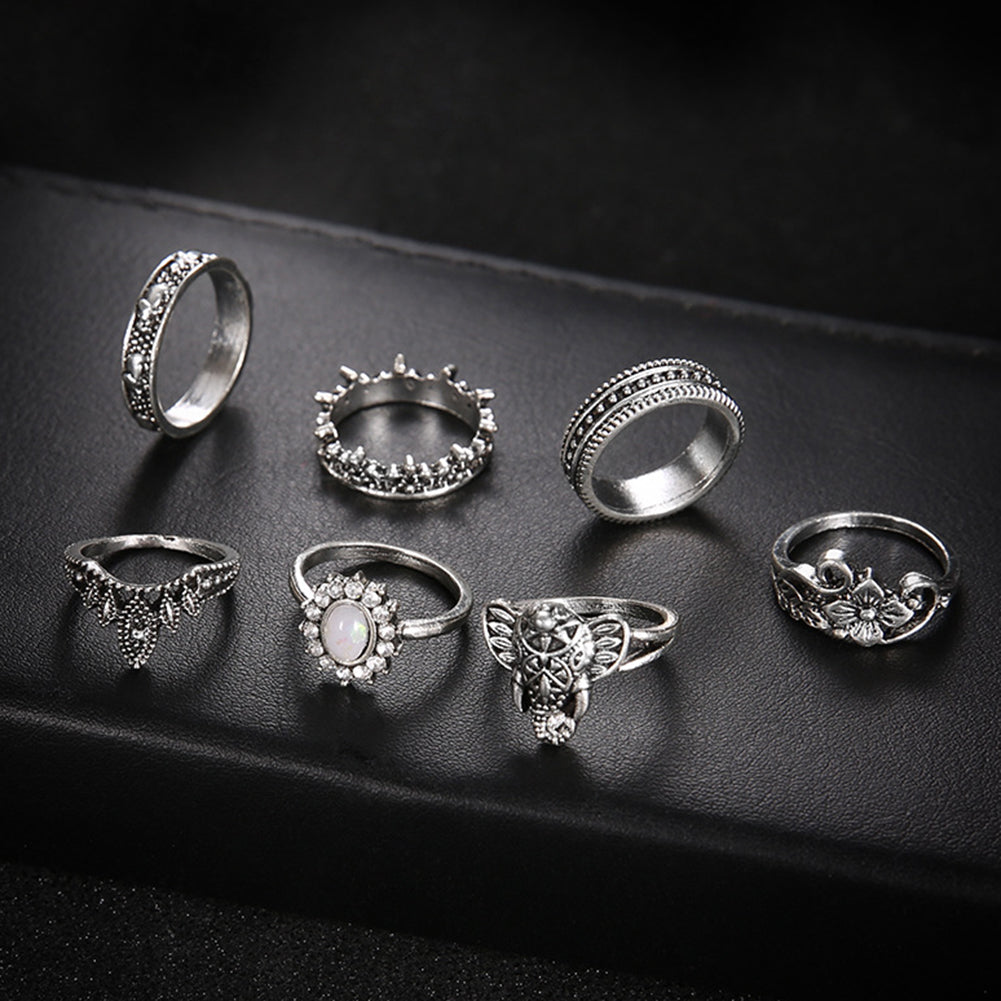 7Pcs/Set Bohemian Elephant Flower Faux Gemstone Finger Knuckle Rings Jewelry