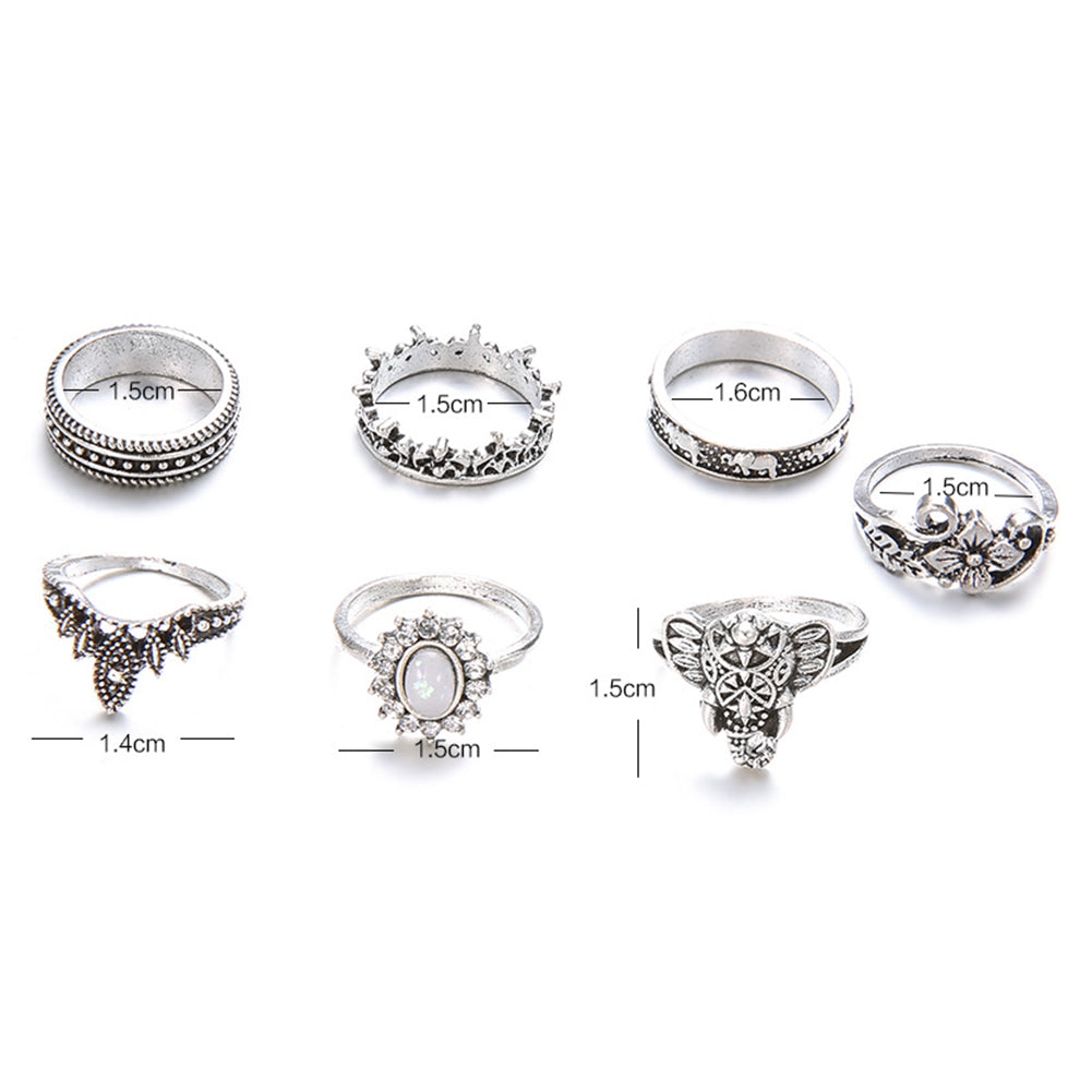 7Pcs/Set Bohemian Elephant Flower Faux Gemstone Finger Knuckle Rings Jewelry