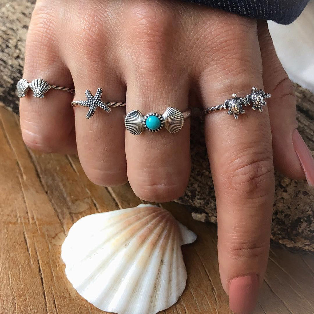 4Pcs Retro Women Starfish Turtle Shell Knuckle Stacking Midi Joint Rings Set