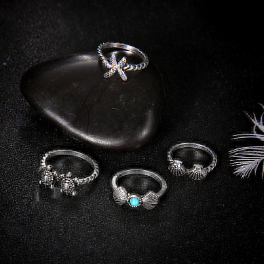 4Pcs Retro Women Starfish Turtle Shell Knuckle Stacking Midi Joint Rings Set