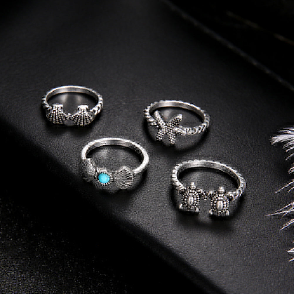 4Pcs Retro Women Starfish Turtle Shell Knuckle Stacking Midi Joint Rings Set
