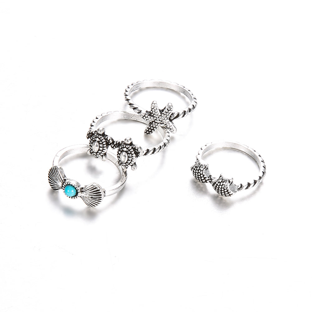 4Pcs Retro Women Starfish Turtle Shell Knuckle Stacking Midi Joint Rings Set