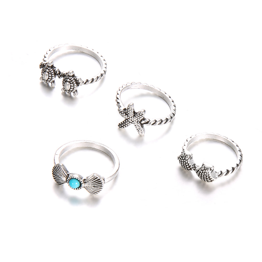 4Pcs Retro Women Starfish Turtle Shell Knuckle Stacking Midi Joint Rings Set