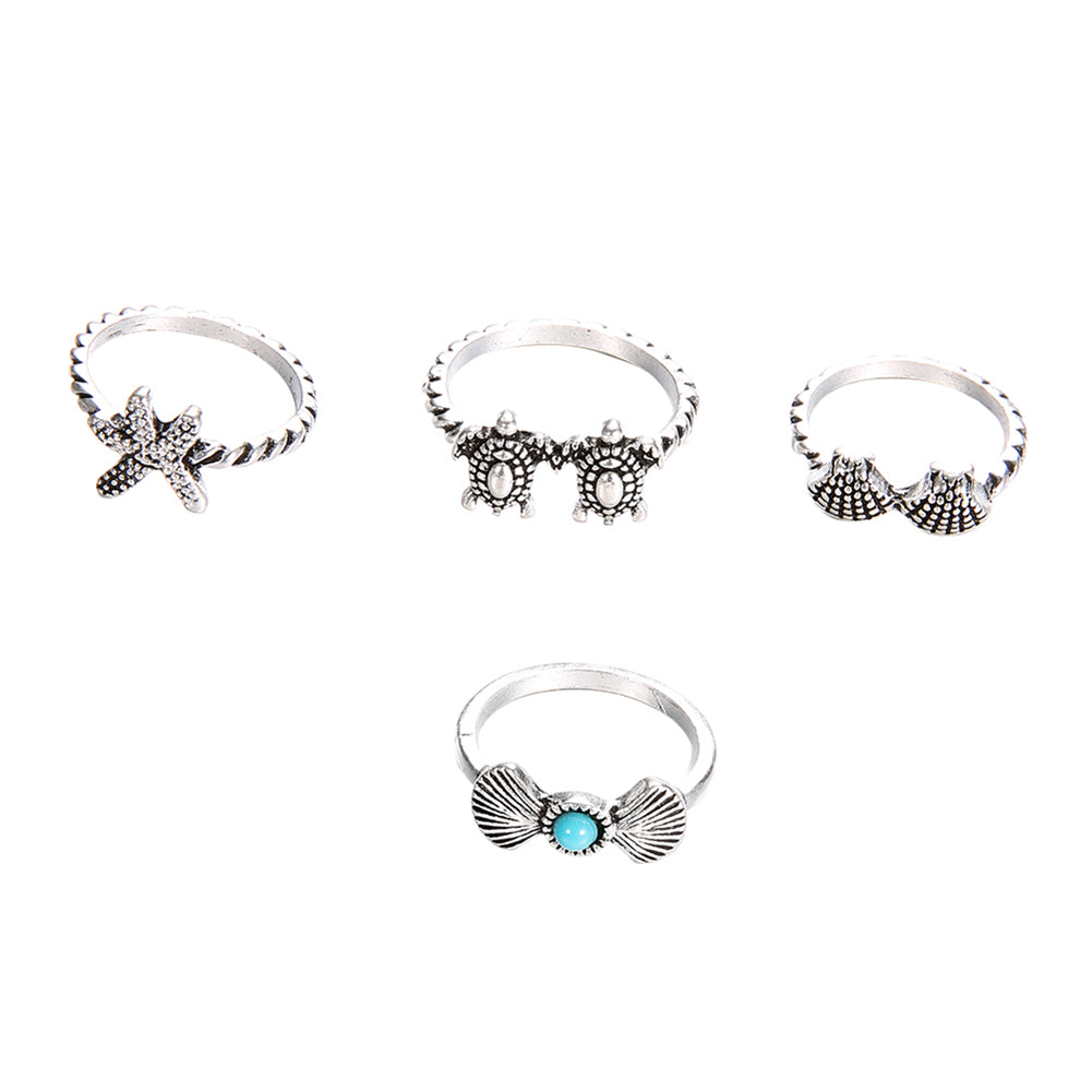 4Pcs Retro Women Starfish Turtle Shell Knuckle Stacking Midi Joint Rings Set