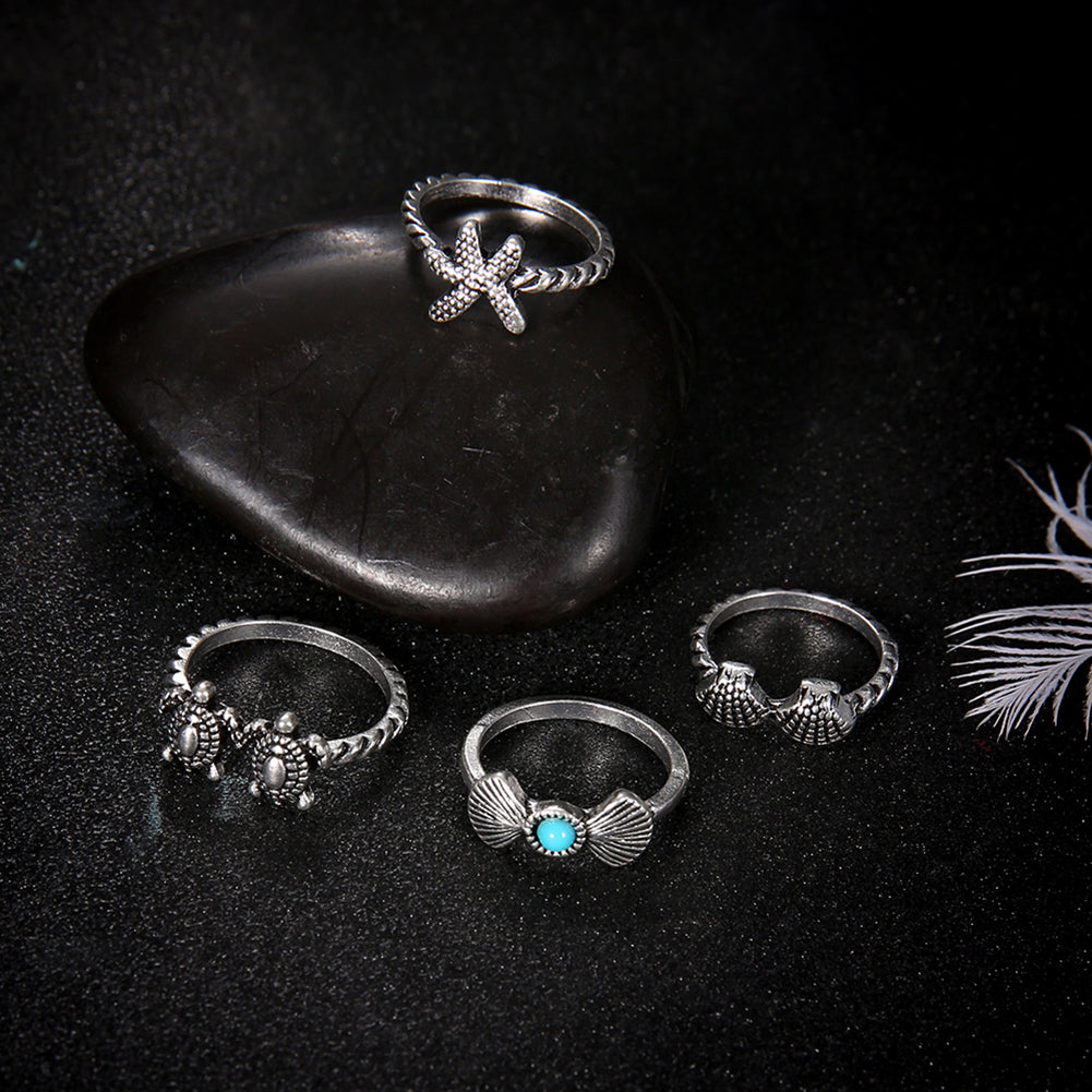 4Pcs Retro Women Starfish Turtle Shell Knuckle Stacking Midi Joint Rings Set