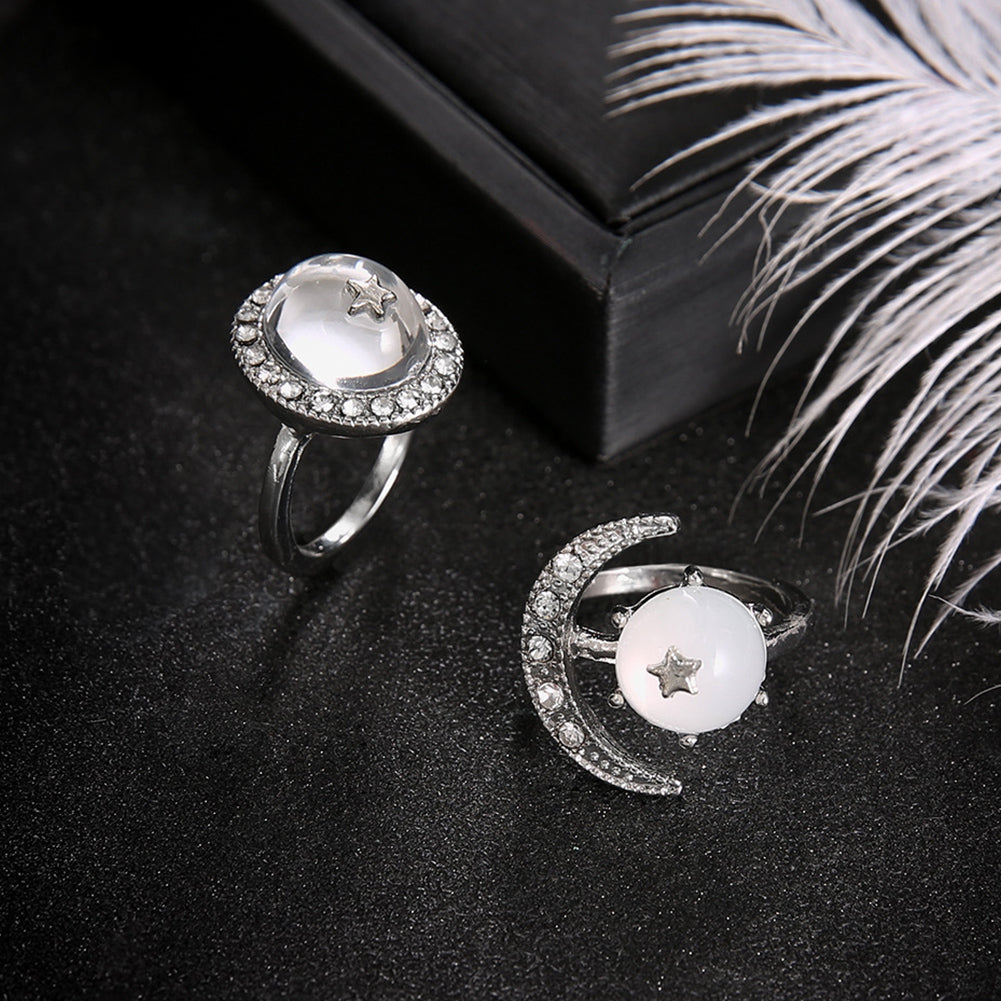2Pcs/Set Boho Women Transparent Round Rhinestone Inlaid Moon Star Knuckle Rings