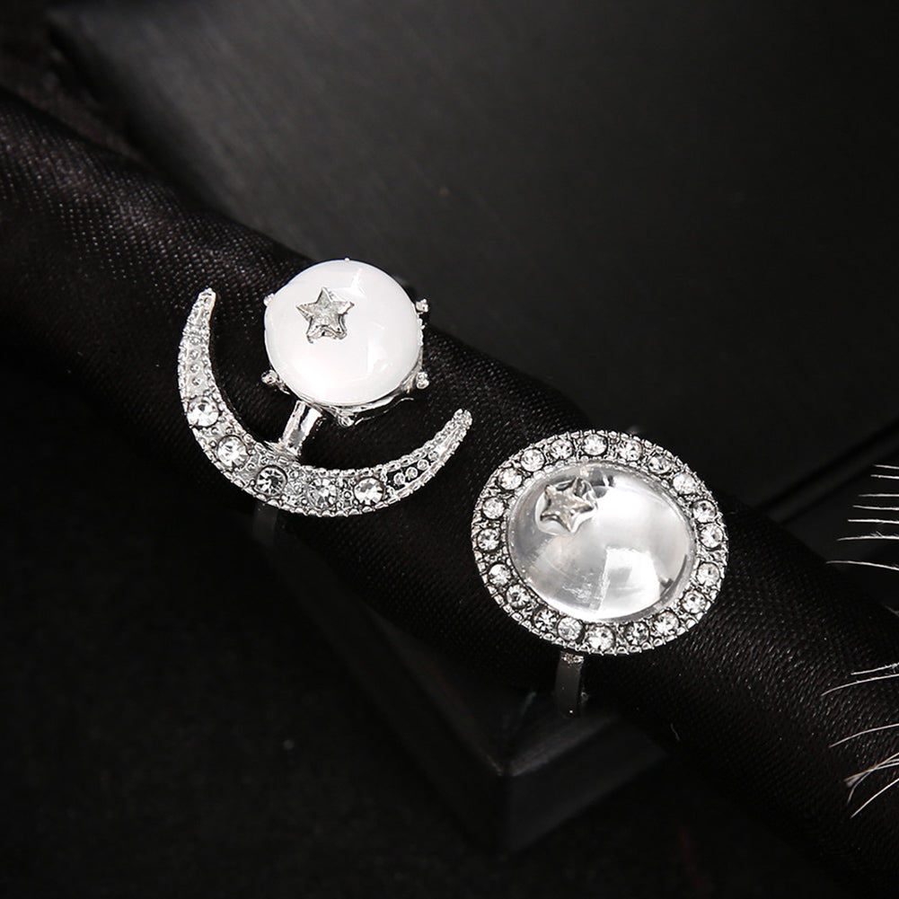 2Pcs/Set Boho Women Transparent Round Rhinestone Inlaid Moon Star Knuckle Rings