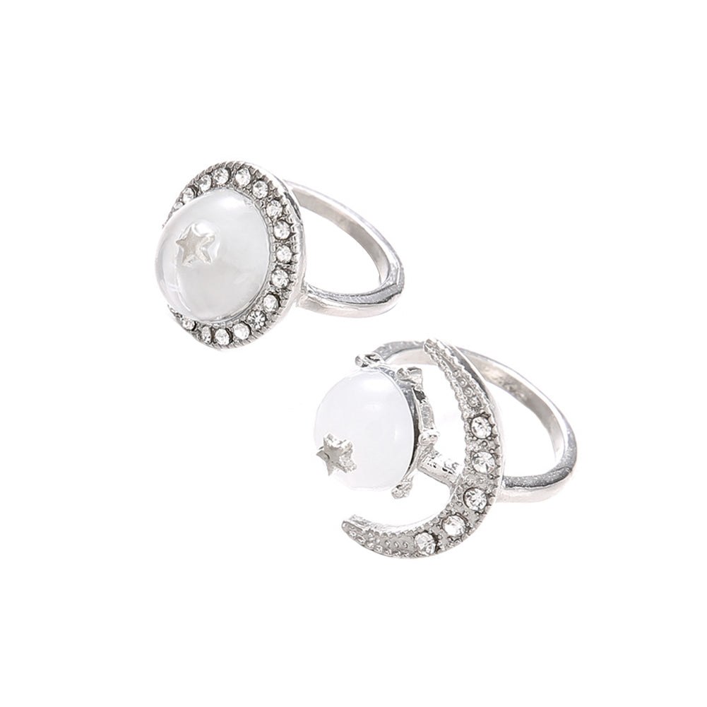 2Pcs/Set Boho Women Transparent Round Rhinestone Inlaid Moon Star Knuckle Rings