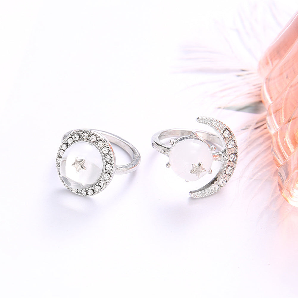 2Pcs/Set Boho Women Transparent Round Rhinestone Inlaid Moon Star Knuckle Rings