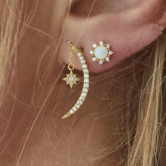 Vintage Women Moon Sun Star Rhinestone Inlaid Asymmetric Stud Earrings Gift