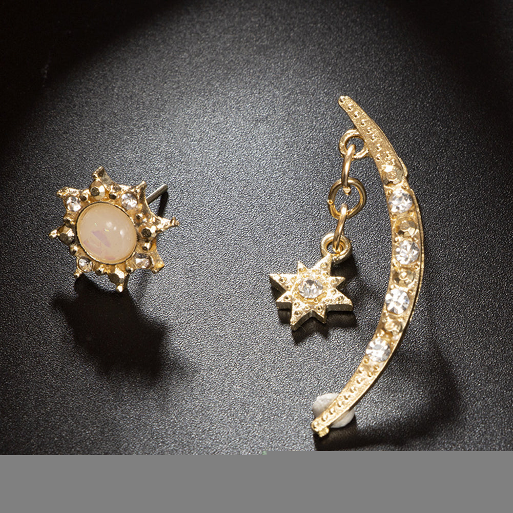 Vintage Women Moon Sun Star Rhinestone Inlaid Asymmetric Stud Earrings Gift