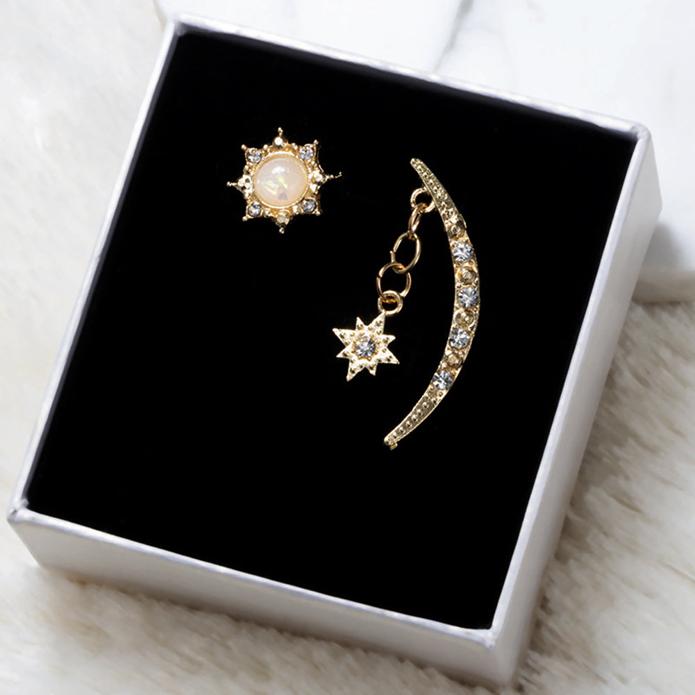 Vintage Women Moon Sun Star Rhinestone Inlaid Asymmetric Stud Earrings Gift
