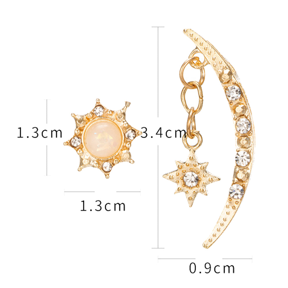 Vintage Women Moon Sun Star Rhinestone Inlaid Asymmetric Stud Earrings Gift