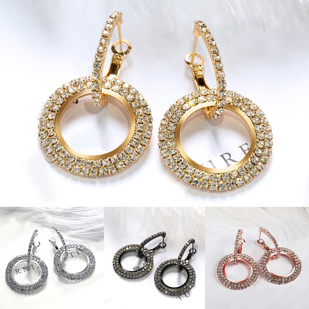 Fashion Women Linked Circle Long Dangle Full Rhinestone Huggie Earrings Jewelry