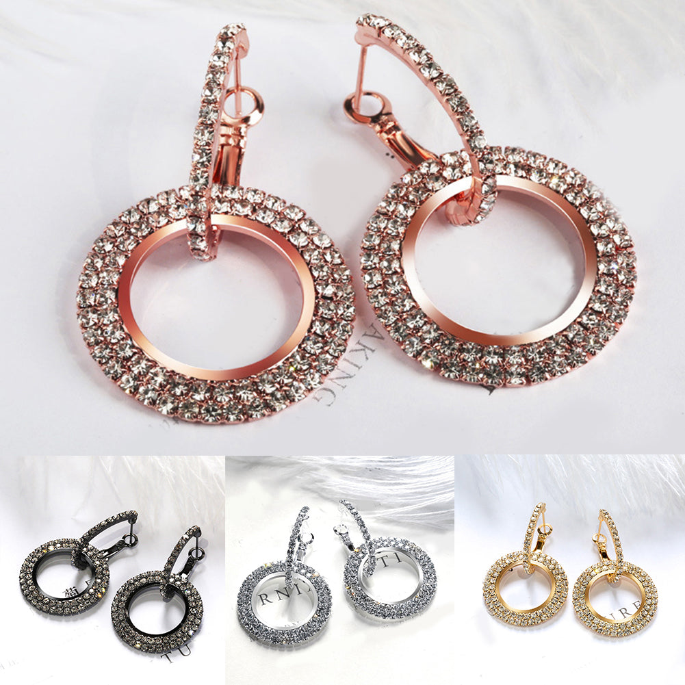 Fashion Women Linked Circle Long Dangle Full Rhinestone Huggie Earrings Jewelry