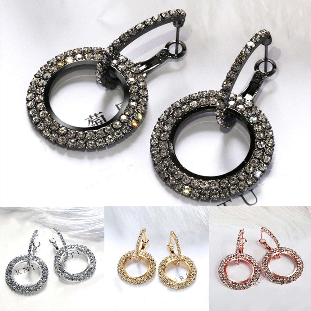 Fashion Women Linked Circle Long Dangle Full Rhinestone Huggie Earrings Jewelry