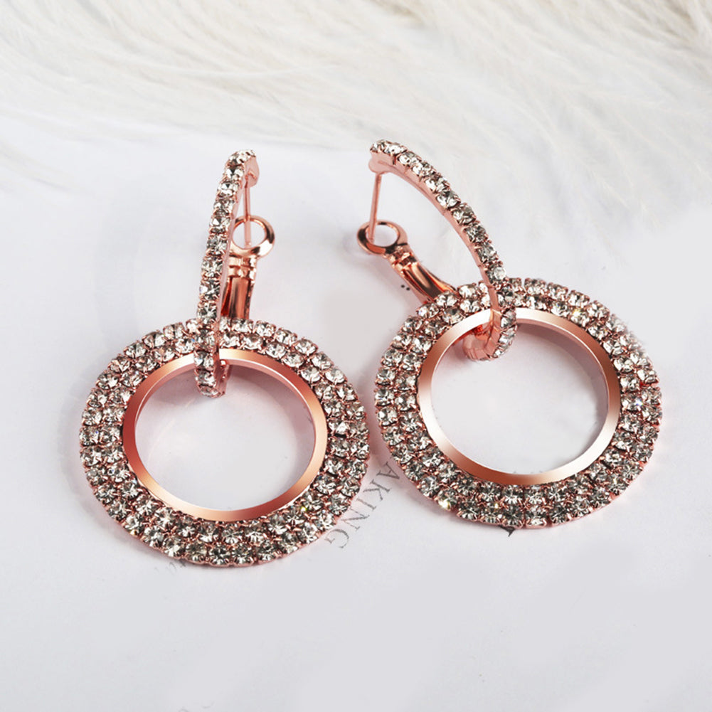 Fashion Women Linked Circle Long Dangle Full Rhinestone Huggie Earrings Jewelry
