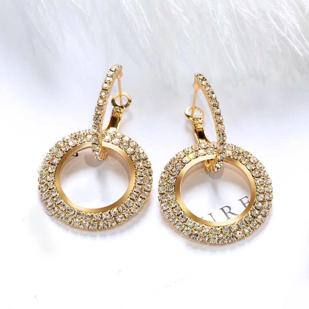 Fashion Women Linked Circle Long Dangle Full Rhinestone Huggie Earrings Jewelry