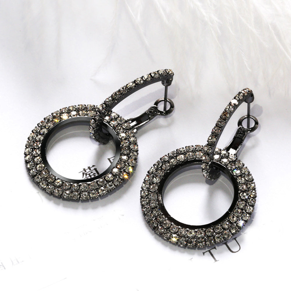 Fashion Women Linked Circle Long Dangle Full Rhinestone Huggie Earrings Jewelry