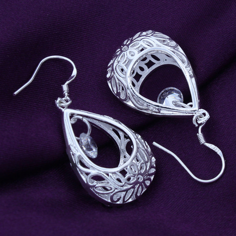 Fashion Women Hollow Out Water Drop Rhinestone Inlaid Pendant Hook Earrings