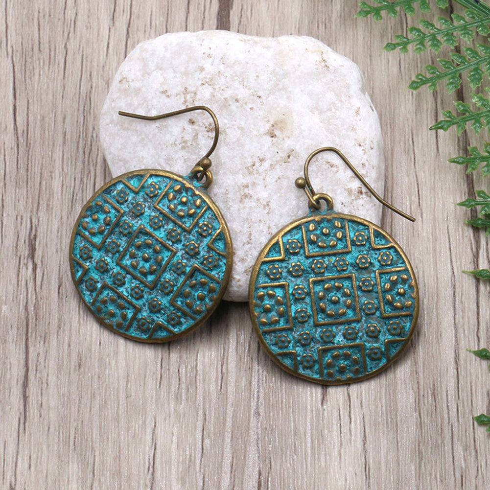 Vintage Bohemian Boho Ethnic Style Piercing Round Carving Women Hook Earrings