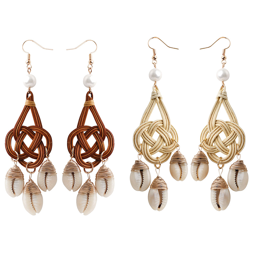 Women Cowrie Shell Tassel Rattan Charm Faux Pearl Statement Hook Earrings Gift