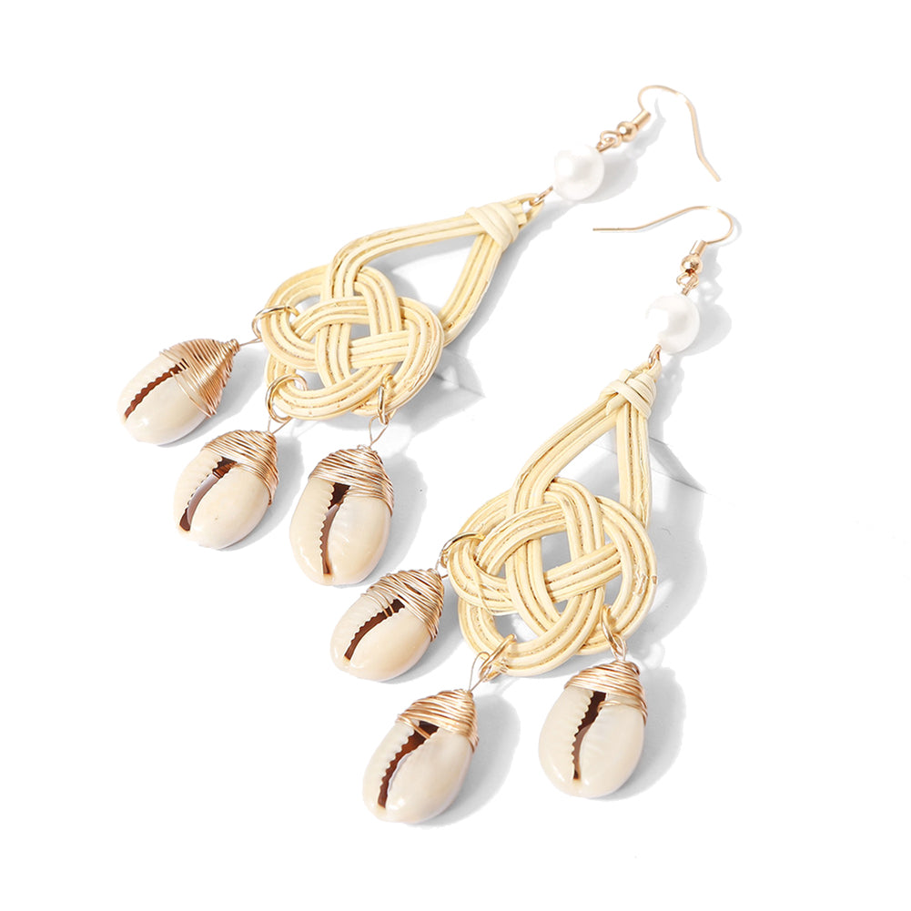 Women Cowrie Shell Tassel Rattan Charm Faux Pearl Statement Hook Earrings Gift