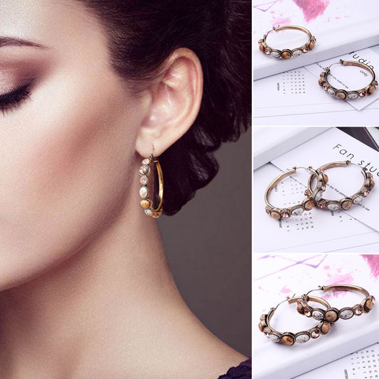 Women Fashion Resin Stone Rhinestone Inlaid Hoop Earrings Party Jewelry Gift