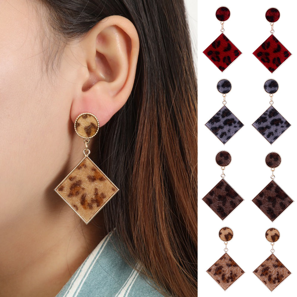 Fashion Women Geometric Leopard Pattern Plush Dangle Drop Stud Earrings Gift