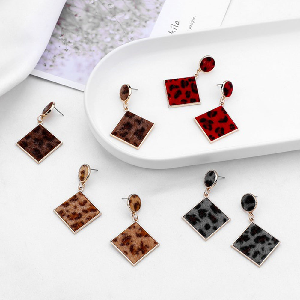 Fashion Women Geometric Leopard Pattern Plush Dangle Drop Stud Earrings Gift