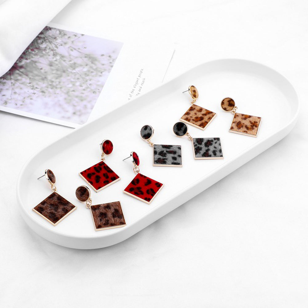 Fashion Women Geometric Leopard Pattern Plush Dangle Drop Stud Earrings Gift