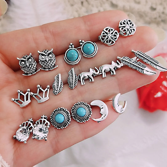 10 Pairs Women Rhinestone Crown Elephant Owl Leaf Ear Studs Earrings Jewelry