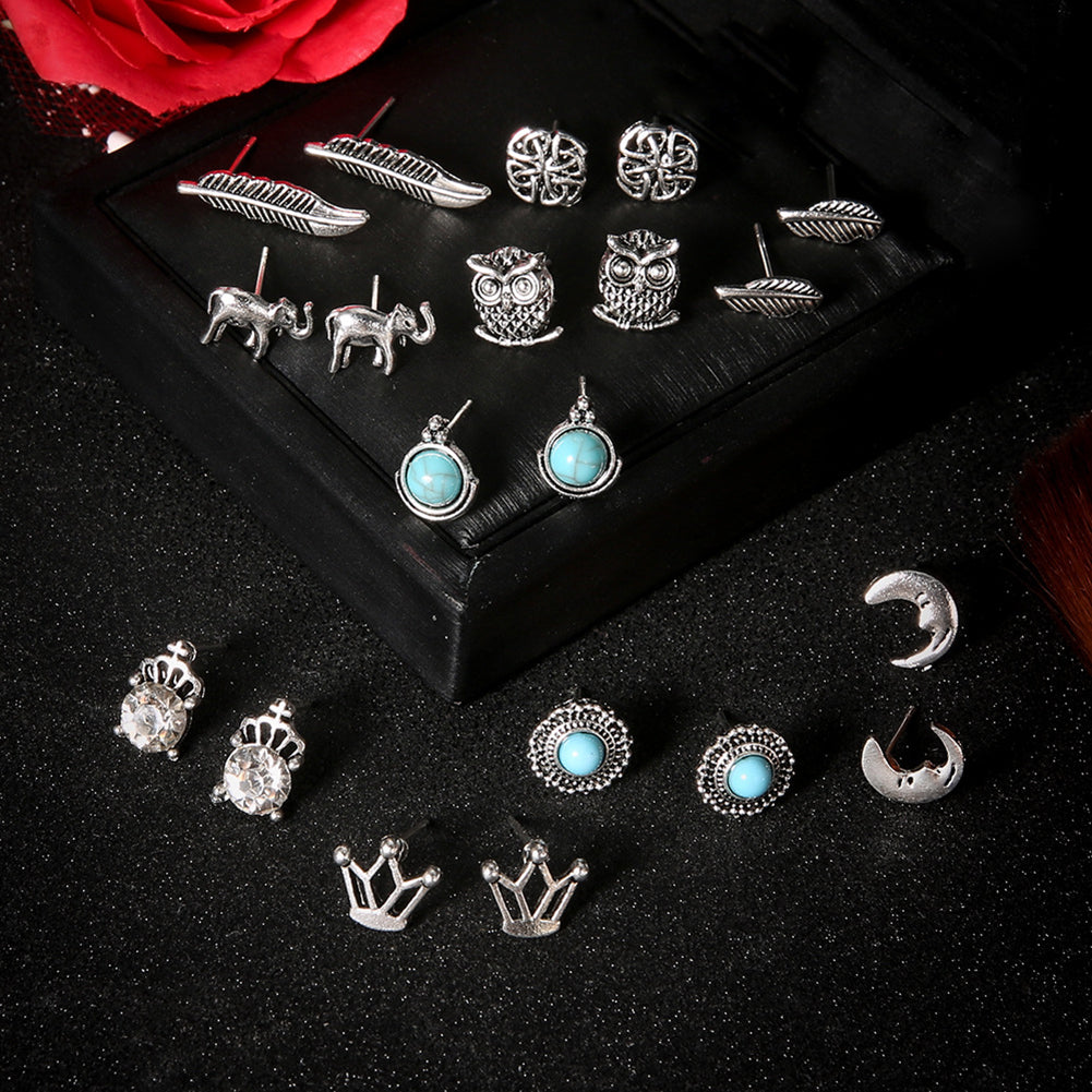 10 Pairs Women Rhinestone Crown Elephant Owl Leaf Ear Studs Earrings Jewelry