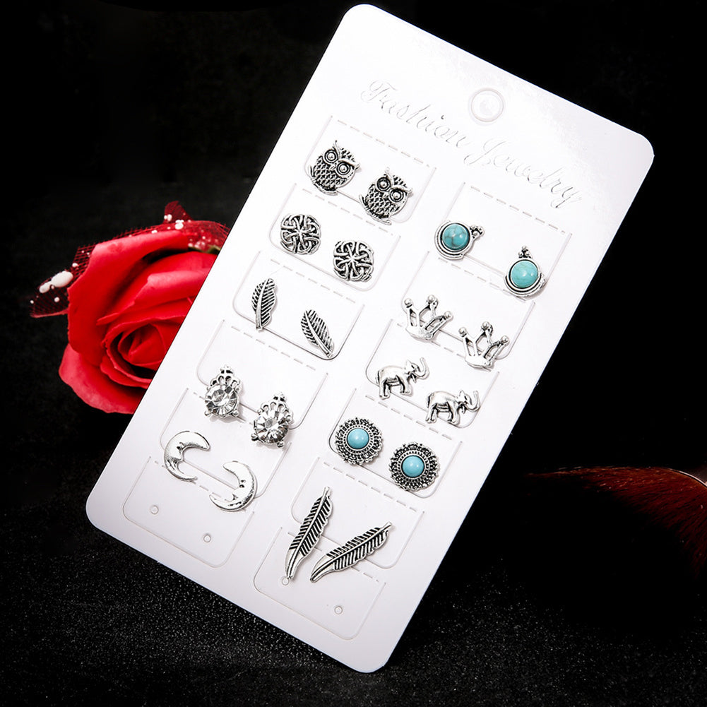 10 Pairs Women Rhinestone Crown Elephant Owl Leaf Ear Studs Earrings Jewelry