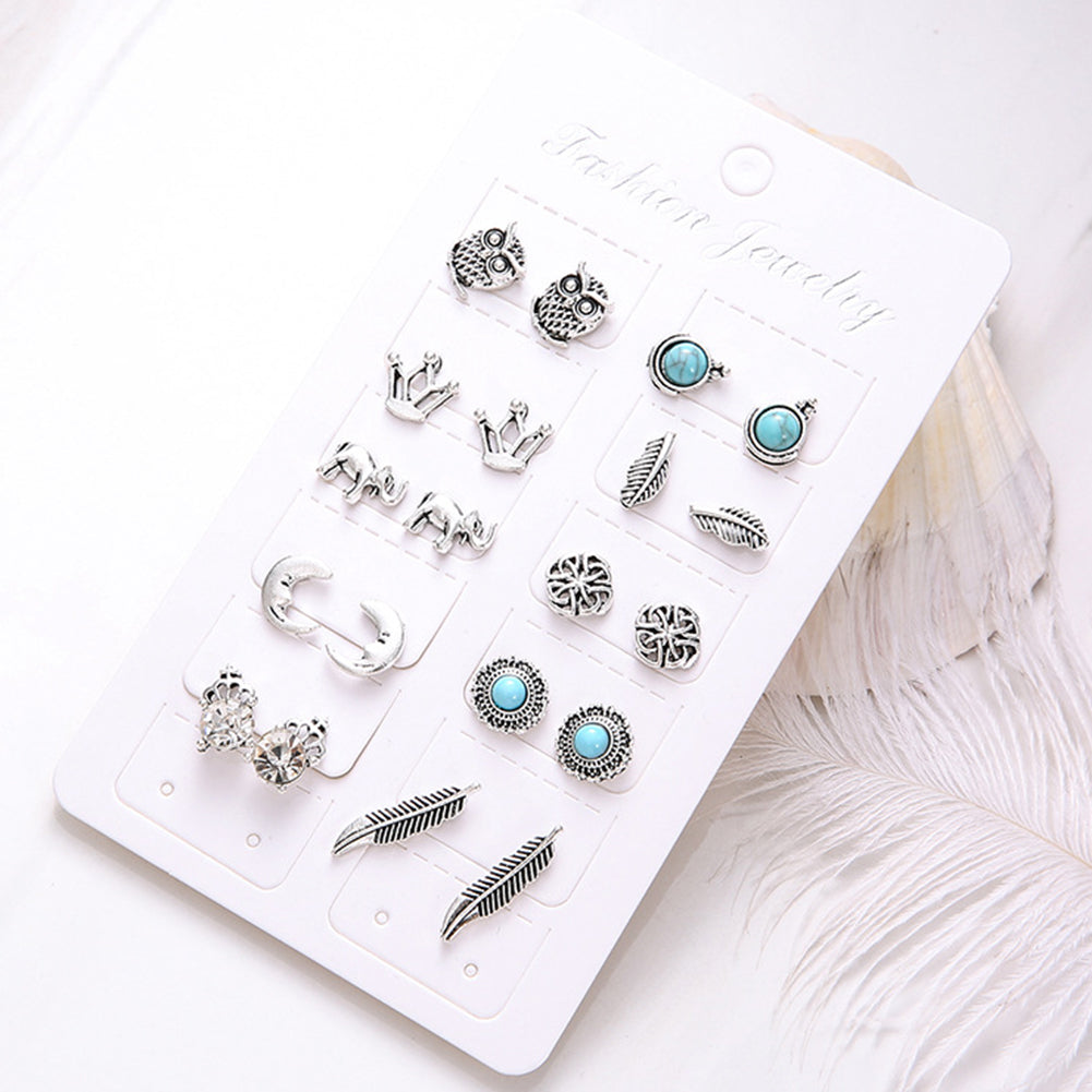 10 Pairs Women Rhinestone Crown Elephant Owl Leaf Ear Studs Earrings Jewelry