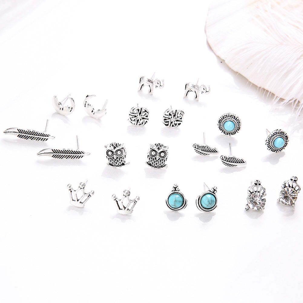 10 Pairs Women Rhinestone Crown Elephant Owl Leaf Ear Studs Earrings Jewelry