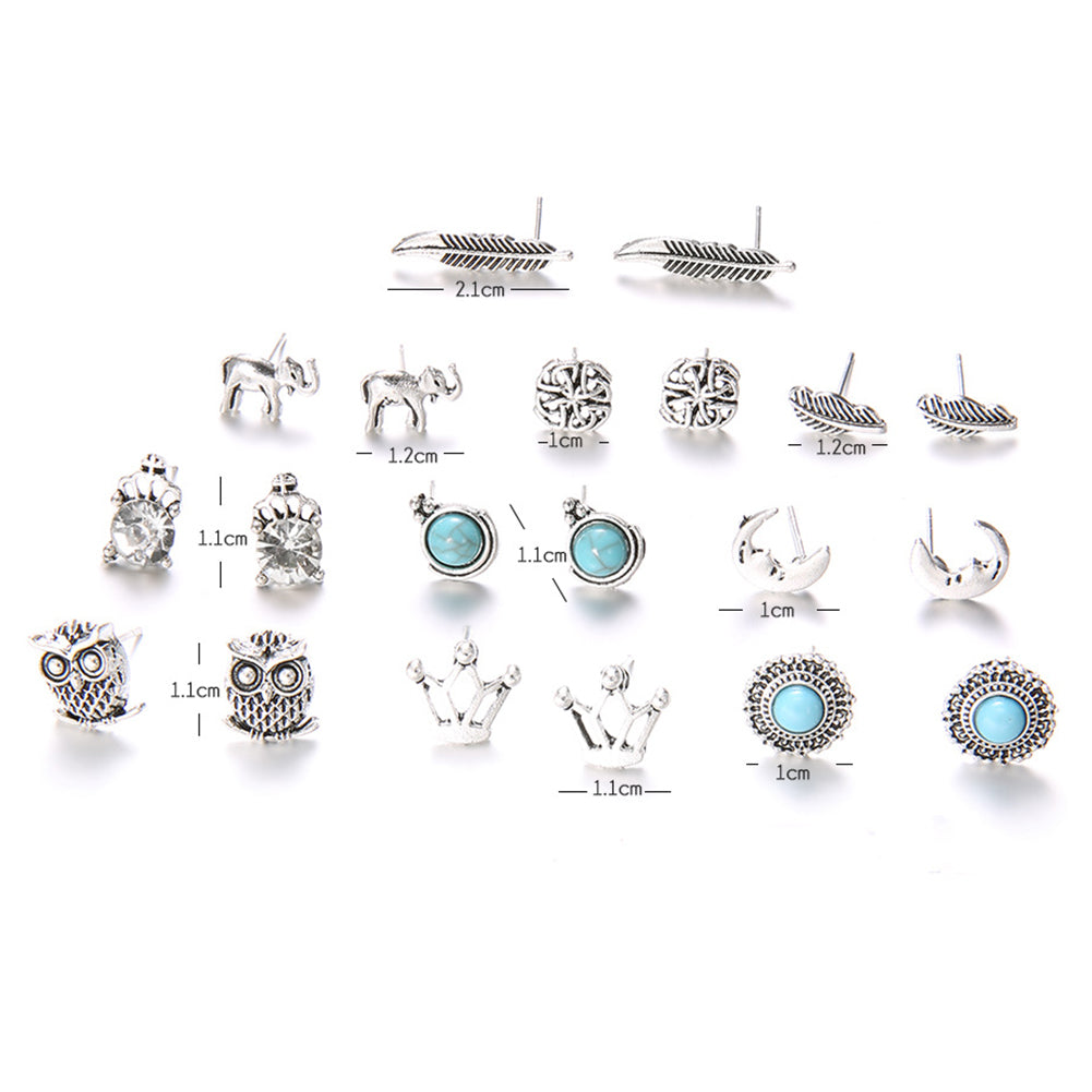 10 Pairs Women Rhinestone Crown Elephant Owl Leaf Ear Studs Earrings Jewelry