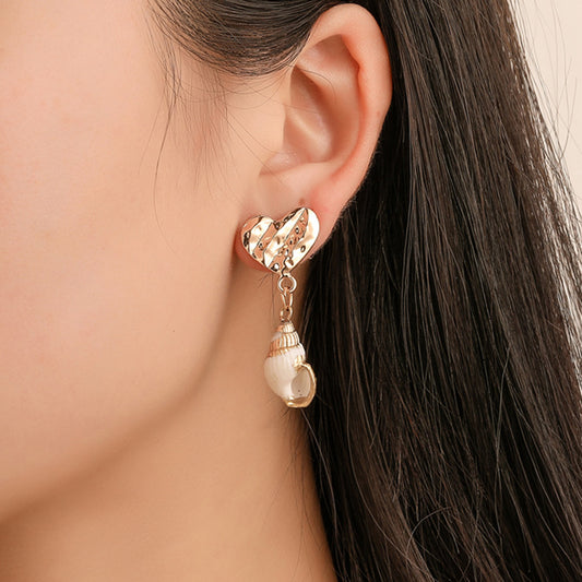 Ethnic Embossed Heart Conch Dangle Stud Earrings Women Summer Beach Jewelry Gift