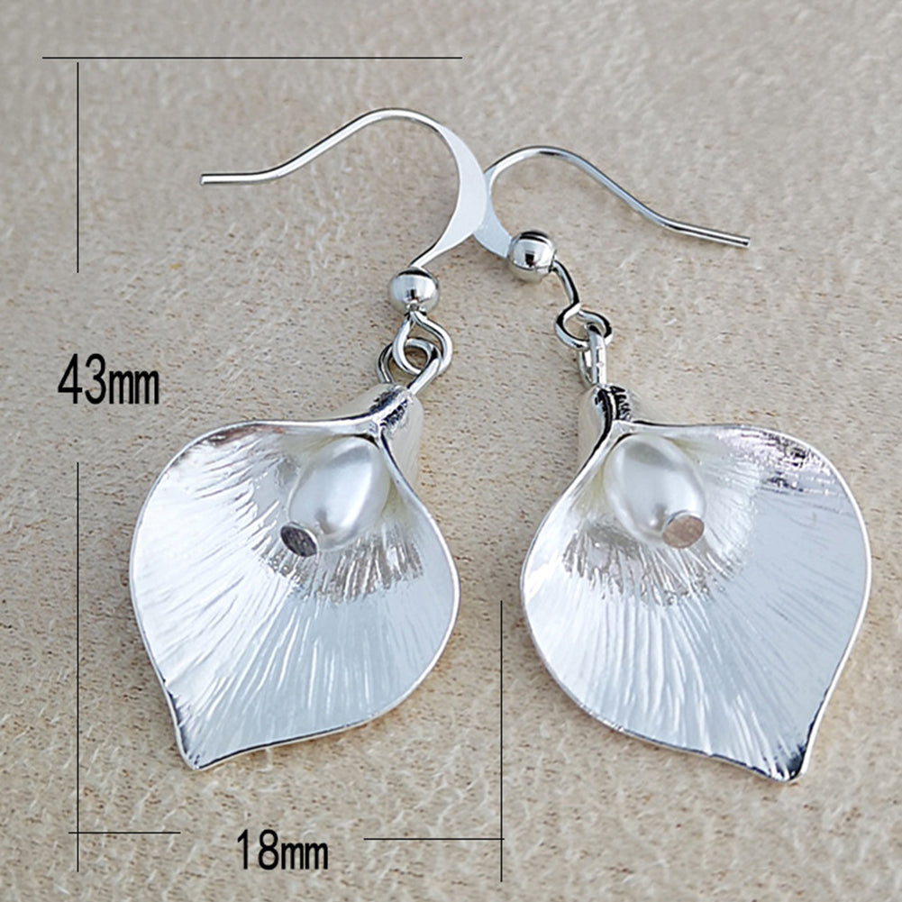 Creative Women Faux Pearl Flower Petal Pendant Hook Earrings Retro Party Jewelry