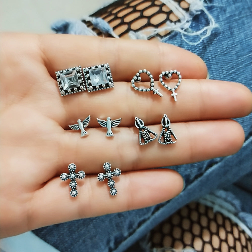 5 Pair Cross Hearts Pigeon Square Rhinestone Ear Studs Vintage Earrings Jewelry