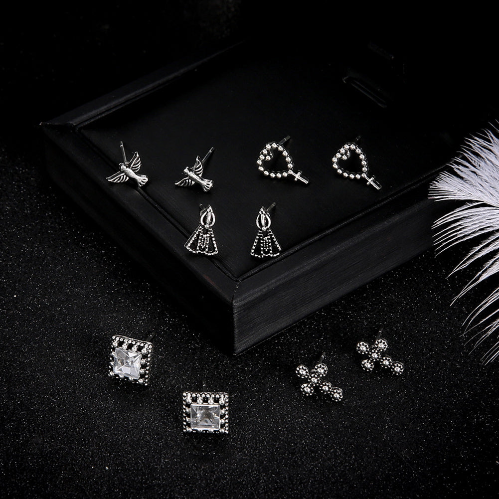 5 Pair Cross Hearts Pigeon Square Rhinestone Ear Studs Vintage Earrings Jewelry