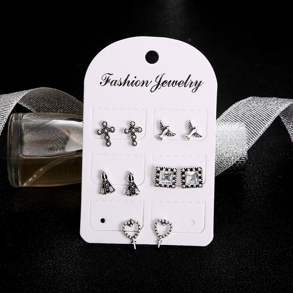 5 Pair Cross Hearts Pigeon Square Rhinestone Ear Studs Vintage Earrings Jewelry