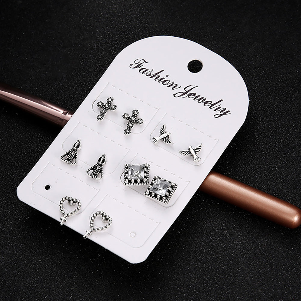 5 Pair Cross Hearts Pigeon Square Rhinestone Ear Studs Vintage Earrings Jewelry