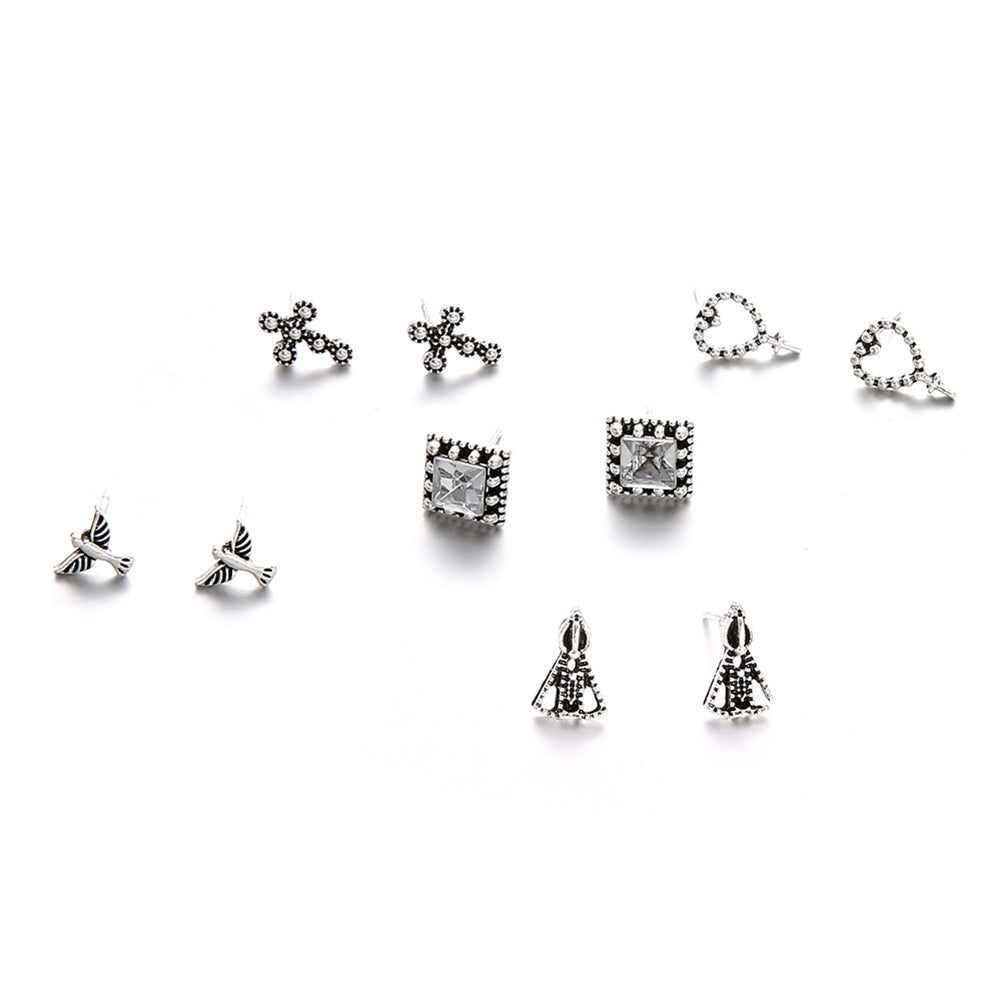 5 Pair Cross Hearts Pigeon Square Rhinestone Ear Studs Vintage Earrings Jewelry