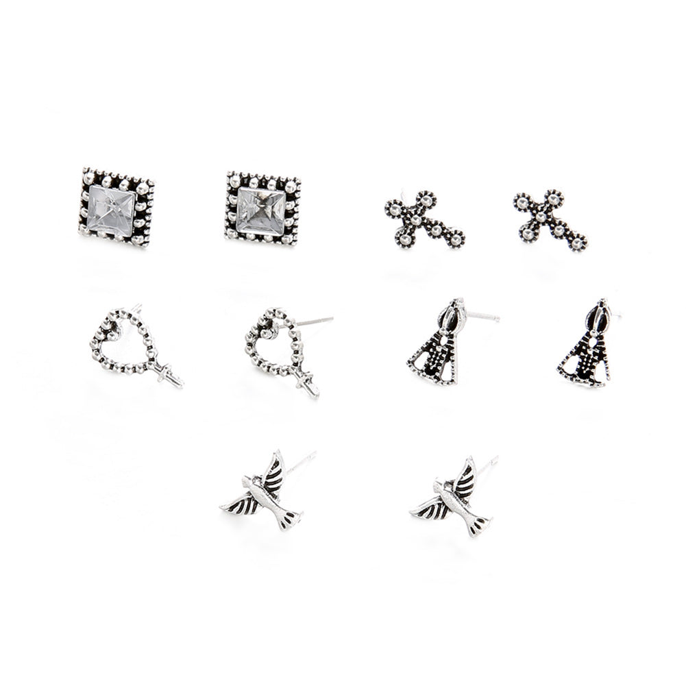 5 Pair Cross Hearts Pigeon Square Rhinestone Ear Studs Vintage Earrings Jewelry