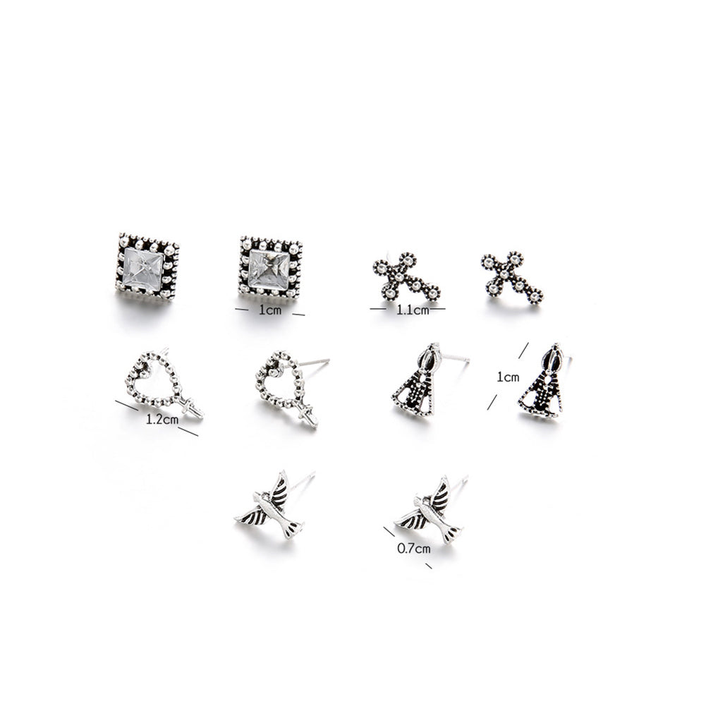 5 Pair Cross Hearts Pigeon Square Rhinestone Ear Studs Vintage Earrings Jewelry