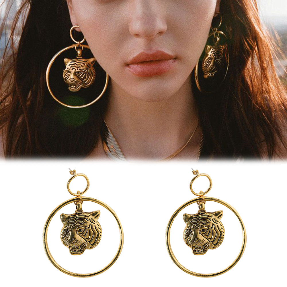Punk Metal Tiger Head Large Hoop Dangle Statement Women Stud Earrings Jewelry