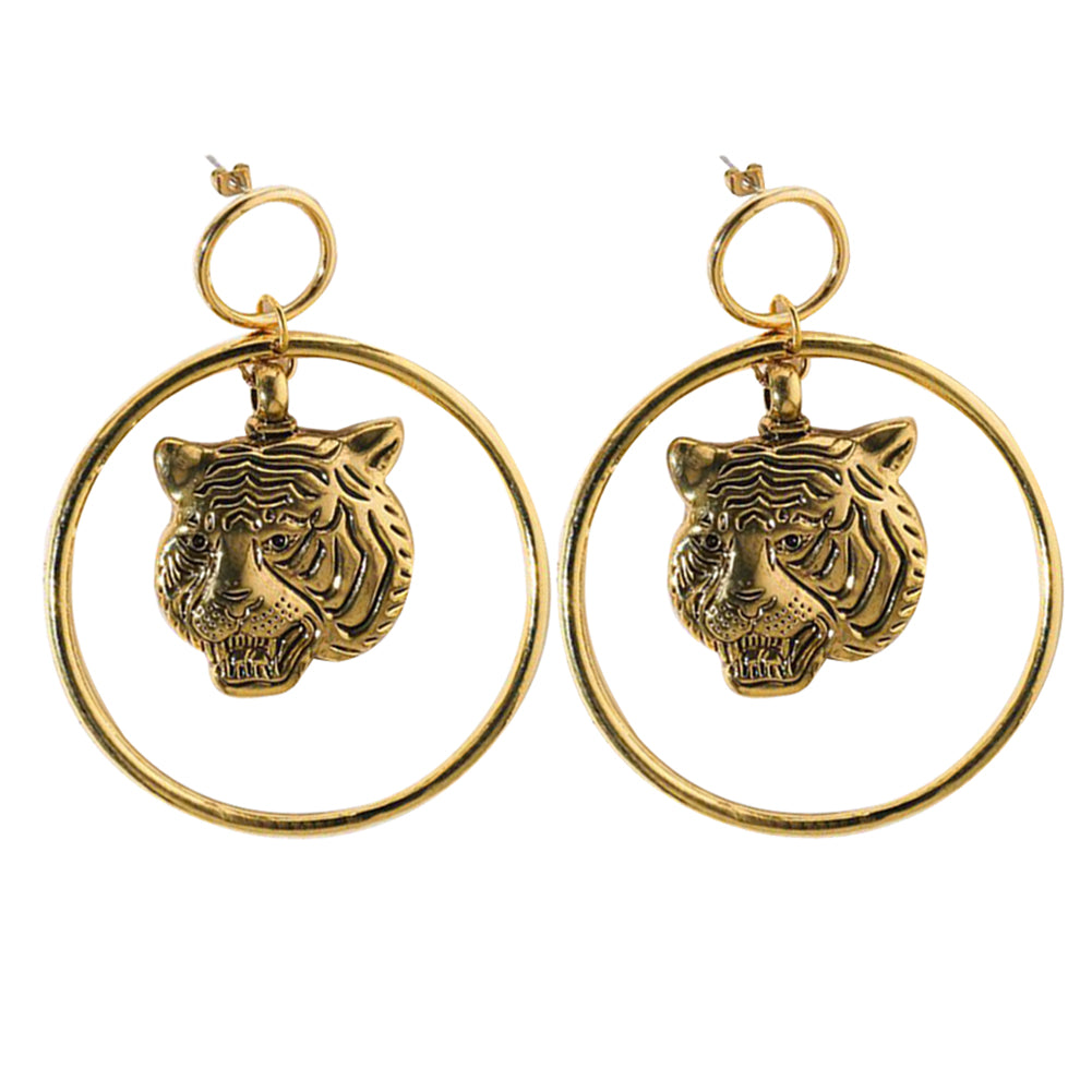 Punk Metal Tiger Head Large Hoop Dangle Statement Women Stud Earrings Jewelry