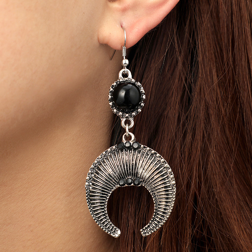 Fashion Women Retro Bull Horn Rhinestone Inlaid Dangle Hook Earrings Jewelry