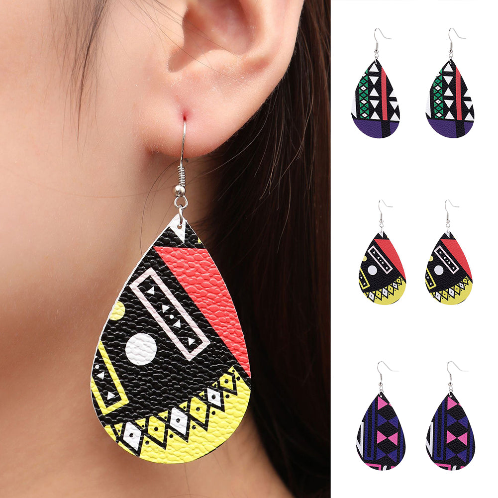 Women Trendy Geometric Faux Leather Watterdrop Dangle Drop Hook Earrings Jewelry